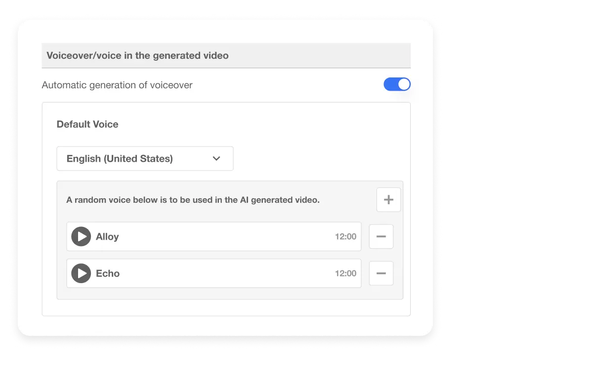 AI Voice Over settings for keeping a consistent voice with options to select default voices for cohesive branding in video content.